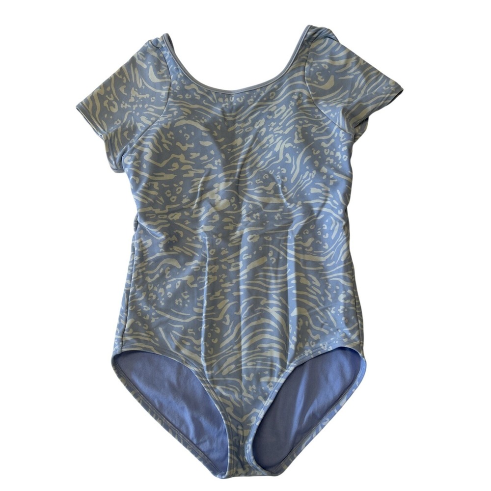 Athleta Girls Swimsuit Large / 12 Short Sleeve One Piece Blue Wave Pattern